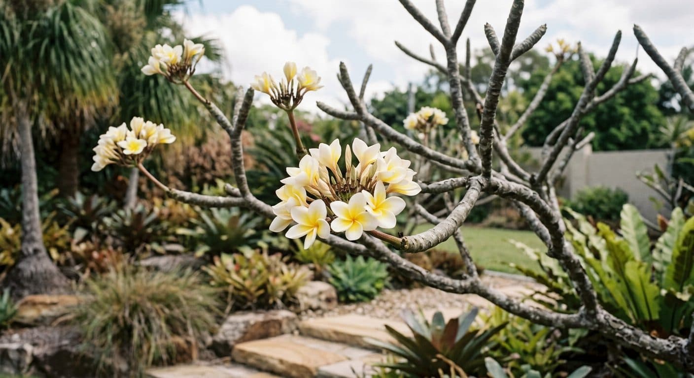 Clusters of perfumed frangipani flowers with waxy petals against bare sculptural branches in a Brisbane garden