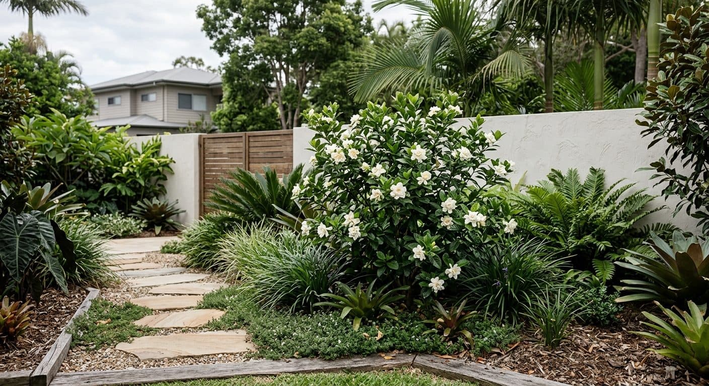 Creamy white scented gardenia flower against glossy dark-green foliage in a Brisbane summer garden in a Brisbane garden setting