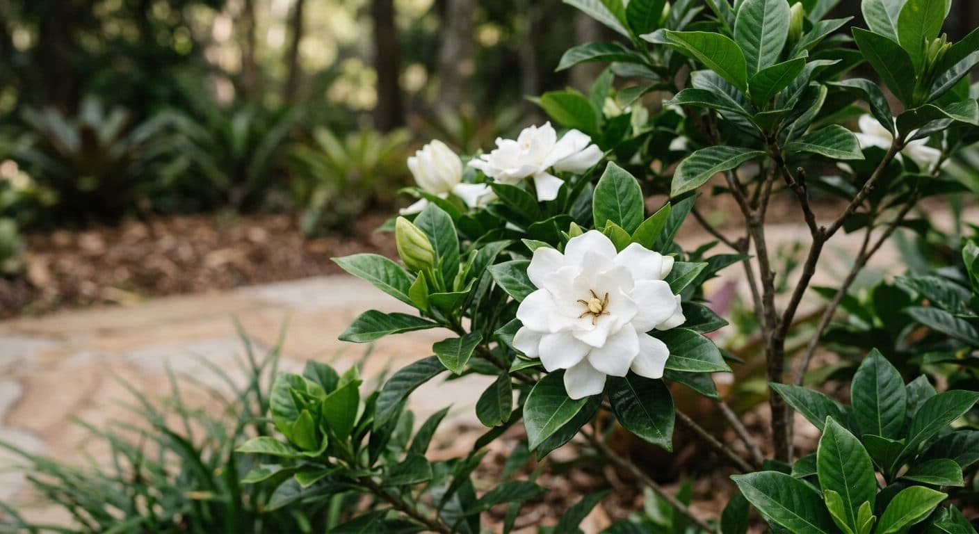 Creamy white scented gardenia flower against glossy dark-green foliage in a Brisbane summer garden detail