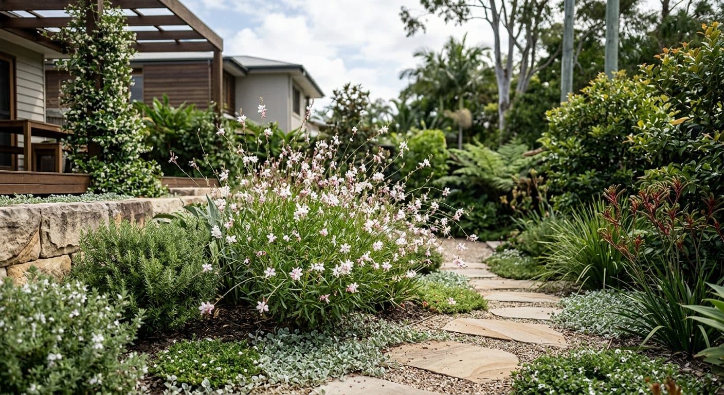 Delicate pale pink and white gaura wandflowers hovering on slender stems in a breezy Brisbane garden in a Brisbane garden setting