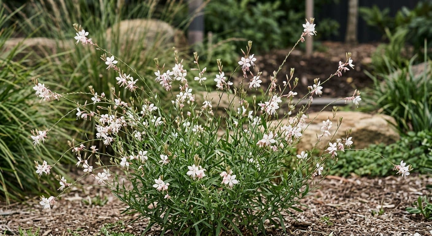 Delicate pale pink and white gaura wandflowers hovering on slender stems in a breezy Brisbane garden detail