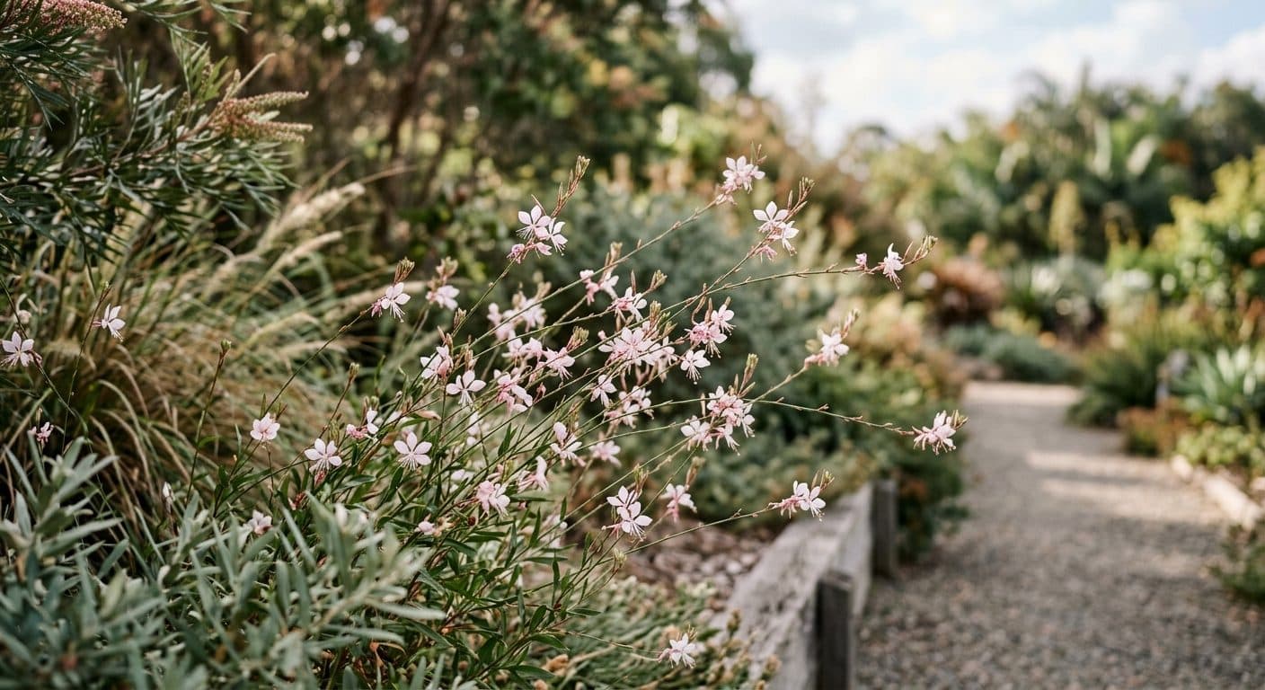 Delicate pale pink and white gaura wandflowers hovering on slender stems in a breezy Brisbane garden
