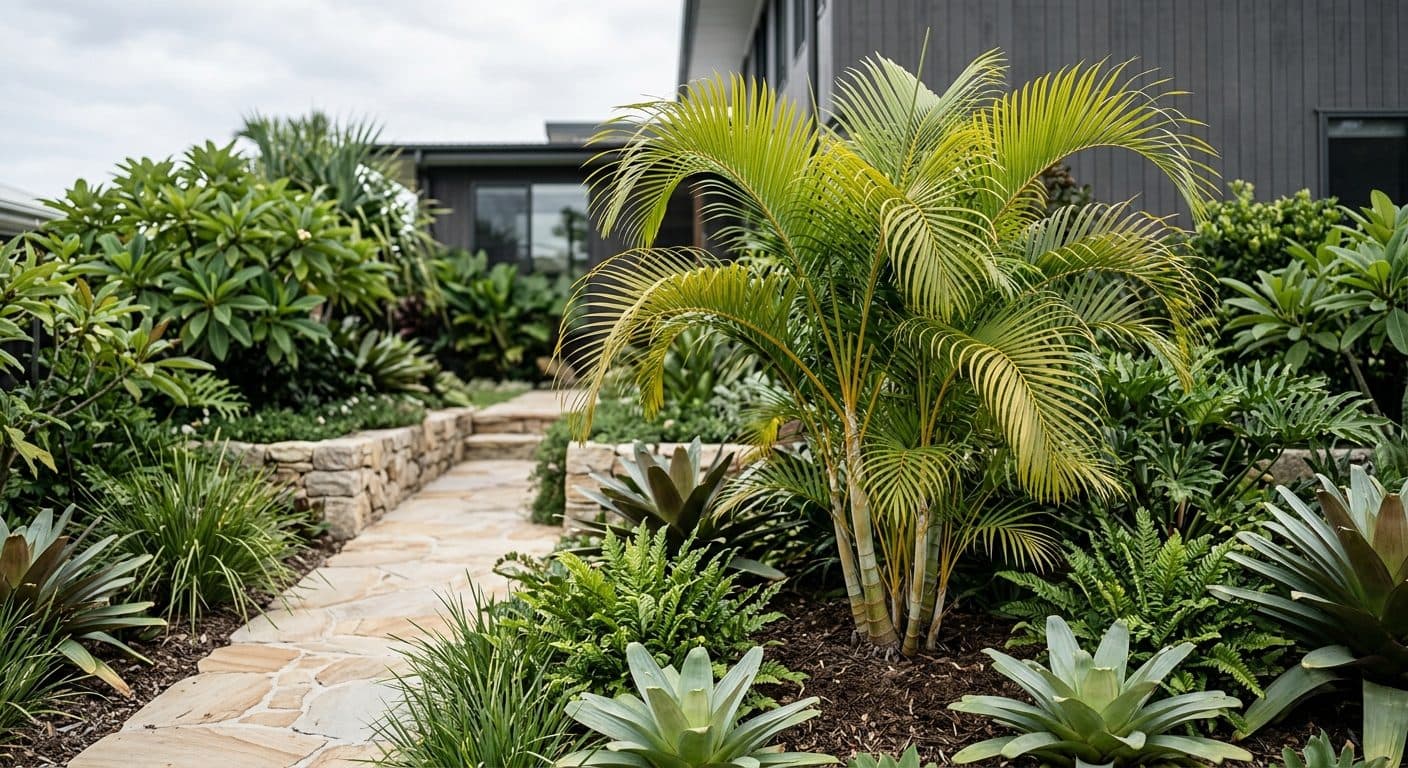 Clumping golden cane palm with yellow-gold stems and arching feathery fronds screening a Brisbane fence in a Brisbane garden setting