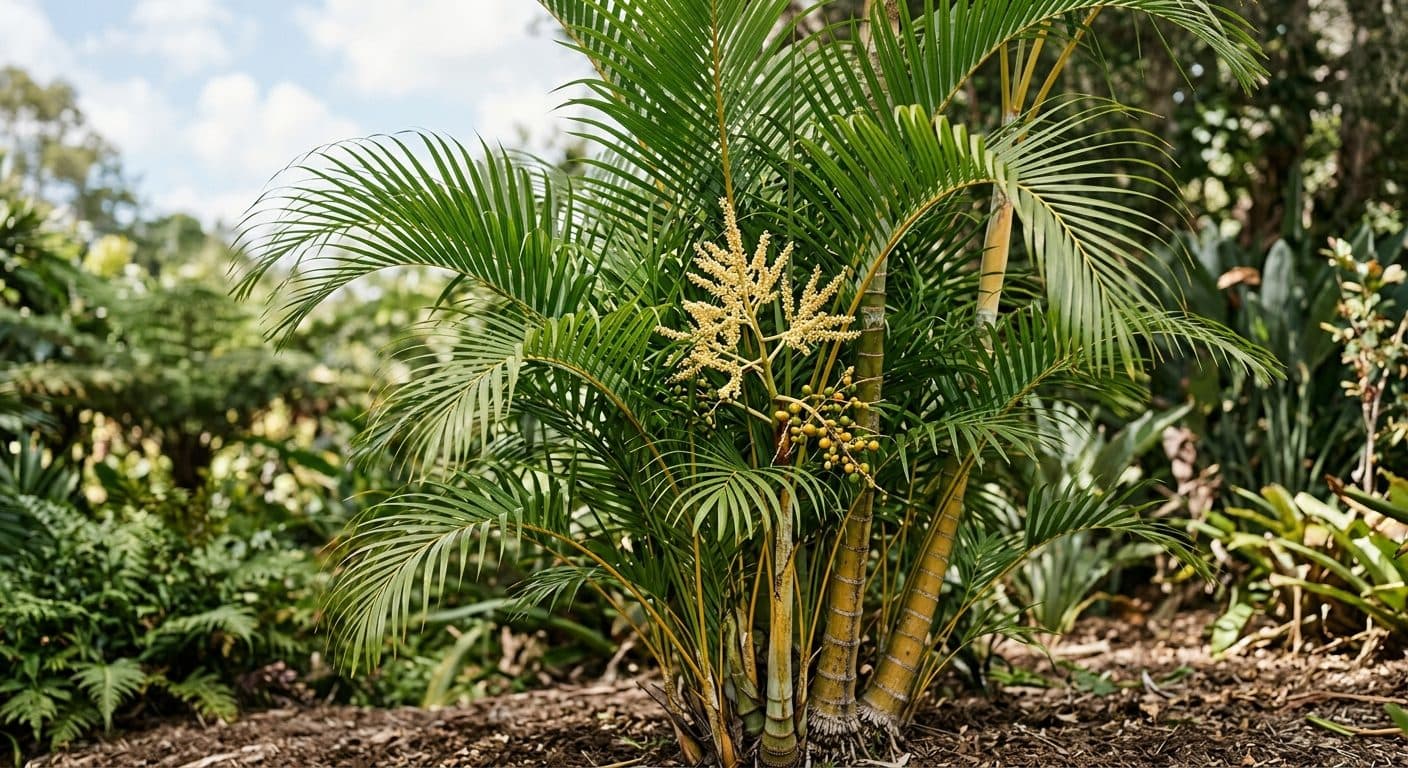 Clumping golden cane palm with yellow-gold stems and arching feathery fronds screening a Brisbane fence detail