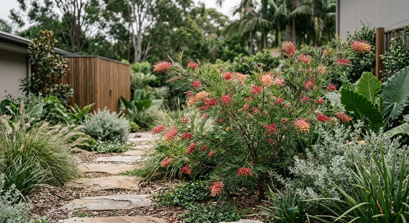 Red spider-flower and fine needle foliage of a grevillea in a Brisbane native garden in a Brisbane garden setting