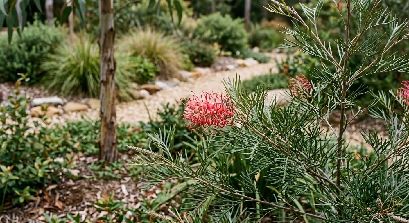 Red spider-flower and fine needle foliage of a grevillea in a Brisbane native garden detail