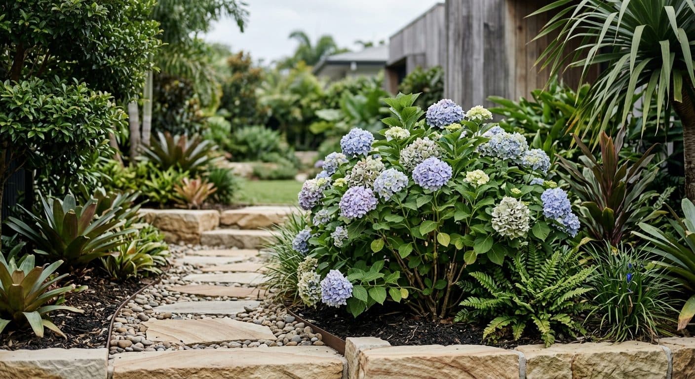 Large rounded blue and pink hydrangea flower heads above broad leaves in a shady Brisbane garden in a Brisbane garden setting