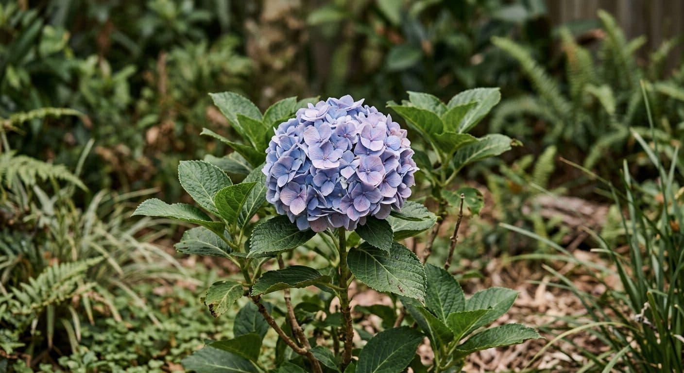 Large rounded blue and pink hydrangea flower heads above broad leaves in a shady Brisbane garden detail