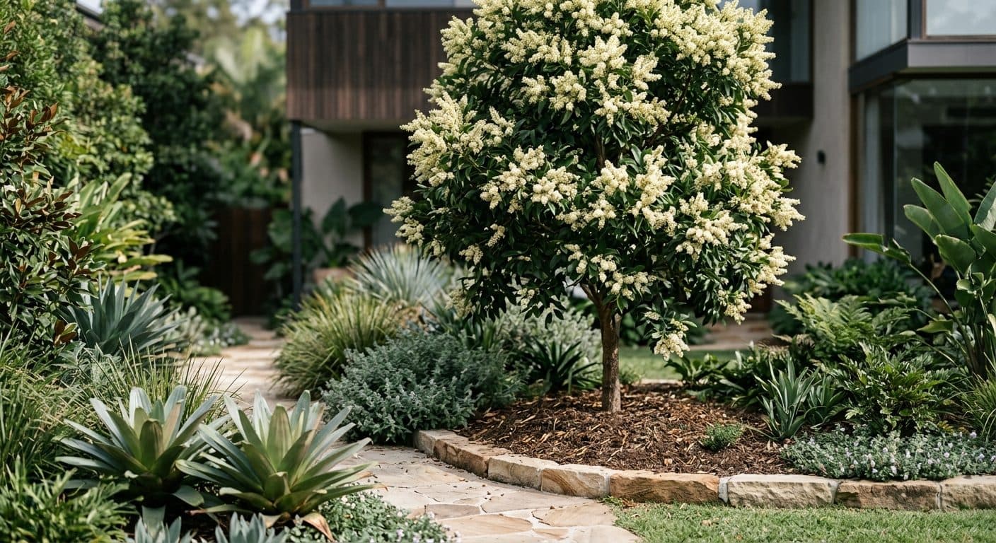 Long curling cream flower sprays hanging from an ivory curl tree above glossy leaves in a Brisbane garden in a Brisbane garden setting