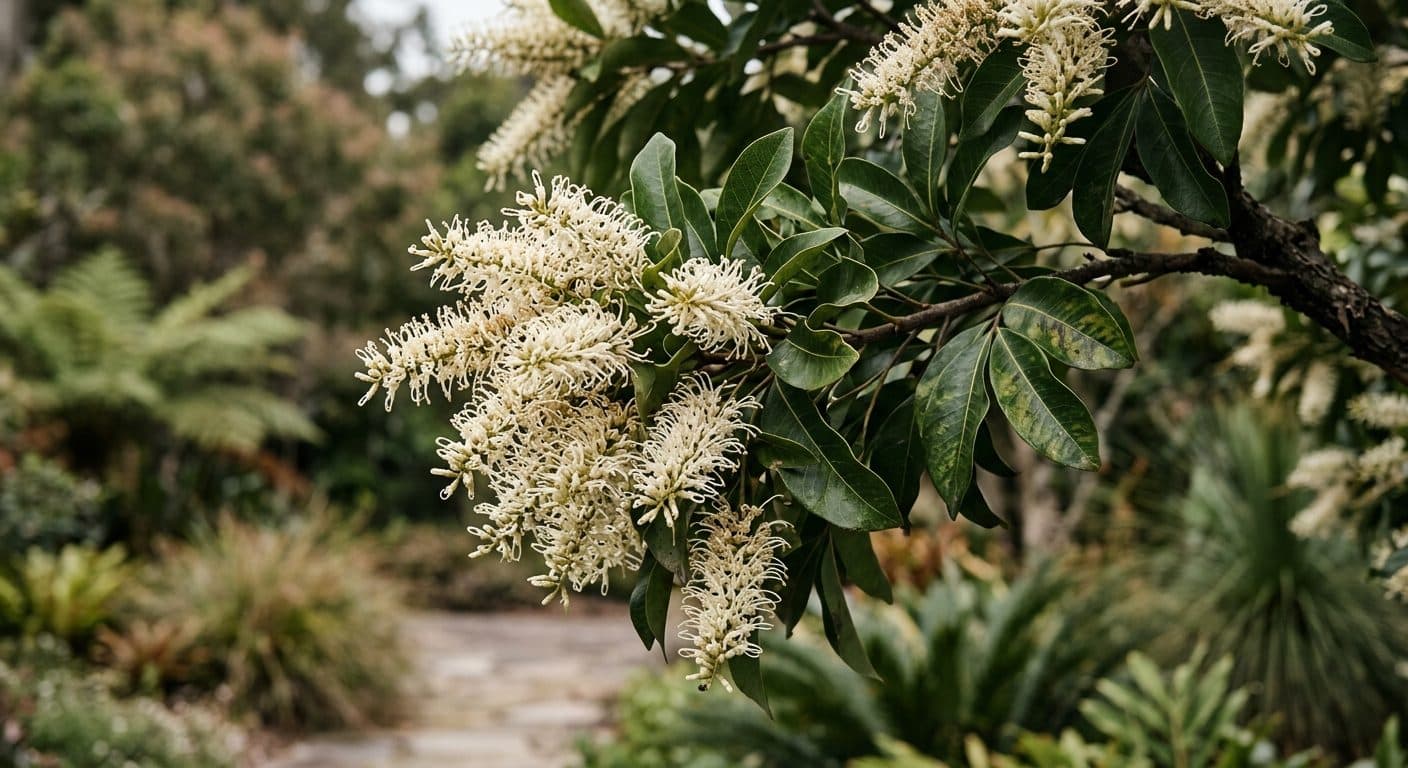 Long curling cream flower sprays hanging from an ivory curl tree above glossy leaves in a Brisbane garden detail