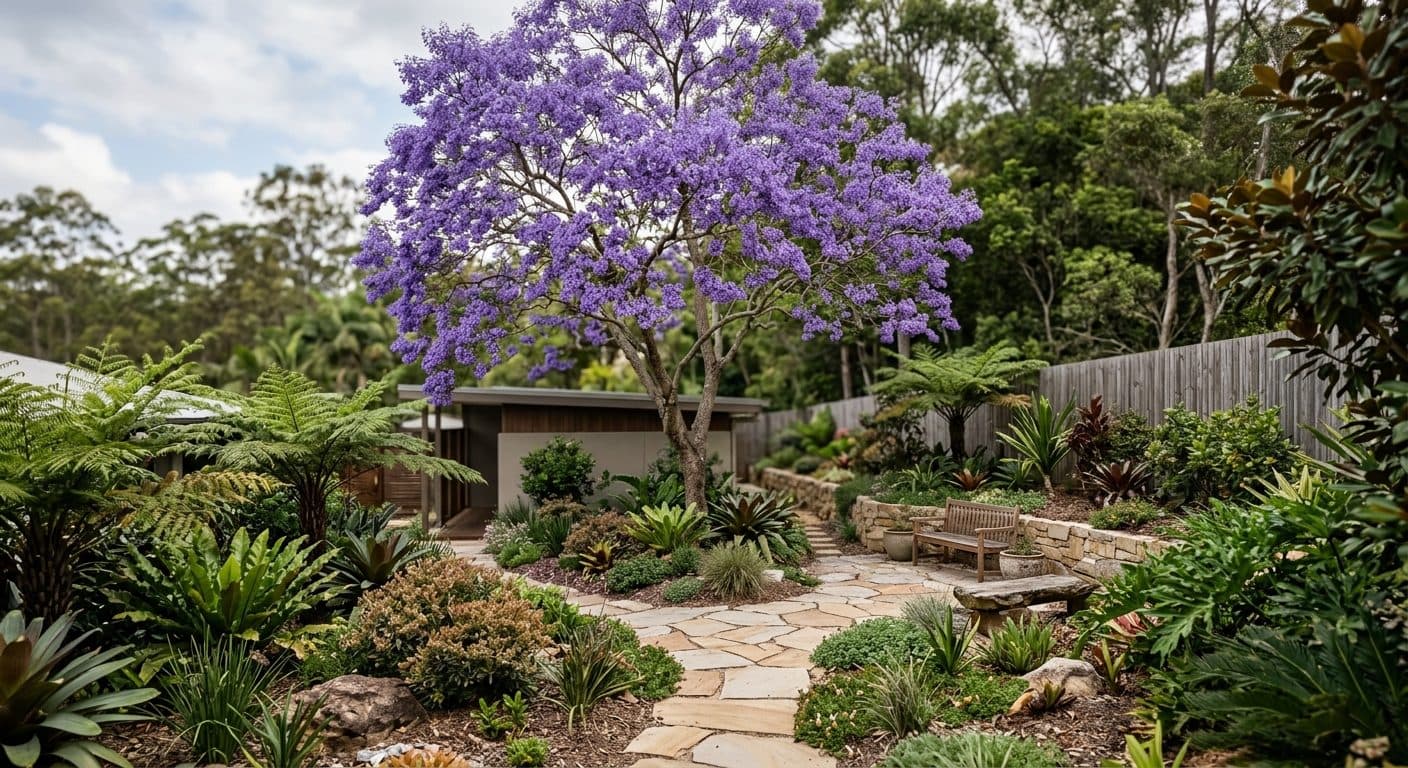 A jacaranda in full purple bloom over a Brisbane street in spring in a Brisbane garden setting