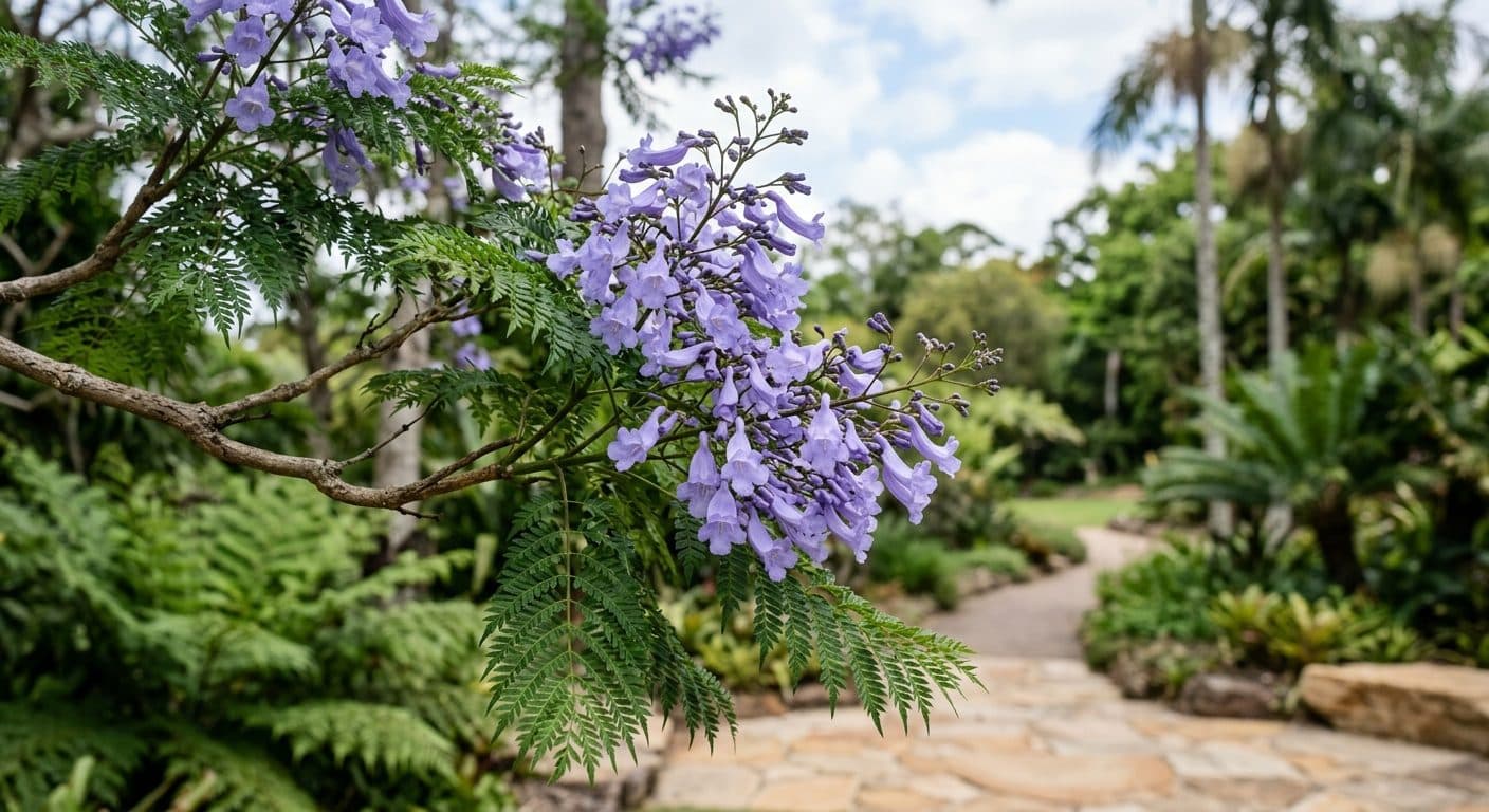 A jacaranda in full purple bloom over a Brisbane street in spring detail