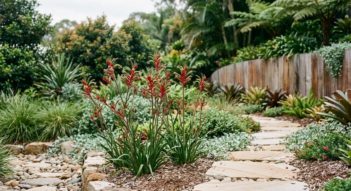 Furred claw-shaped kangaroo paw flowers on tall stems above strappy foliage in a Brisbane native garden in a Brisbane garden setting