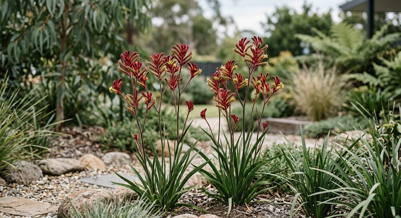 Furred claw-shaped kangaroo paw flowers on tall stems above strappy foliage in a Brisbane native garden detail