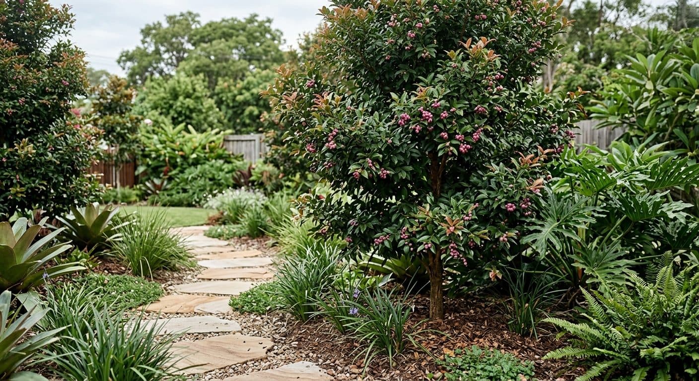 Dense lilly pilly screening hedge with glossy leaves and coppery new growth in a Brisbane garden in a Brisbane garden setting