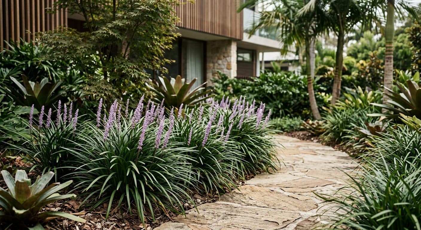 Strappy green liriope clumps edging a border with upright purple flower spikes in a Brisbane garden in a Brisbane garden setting