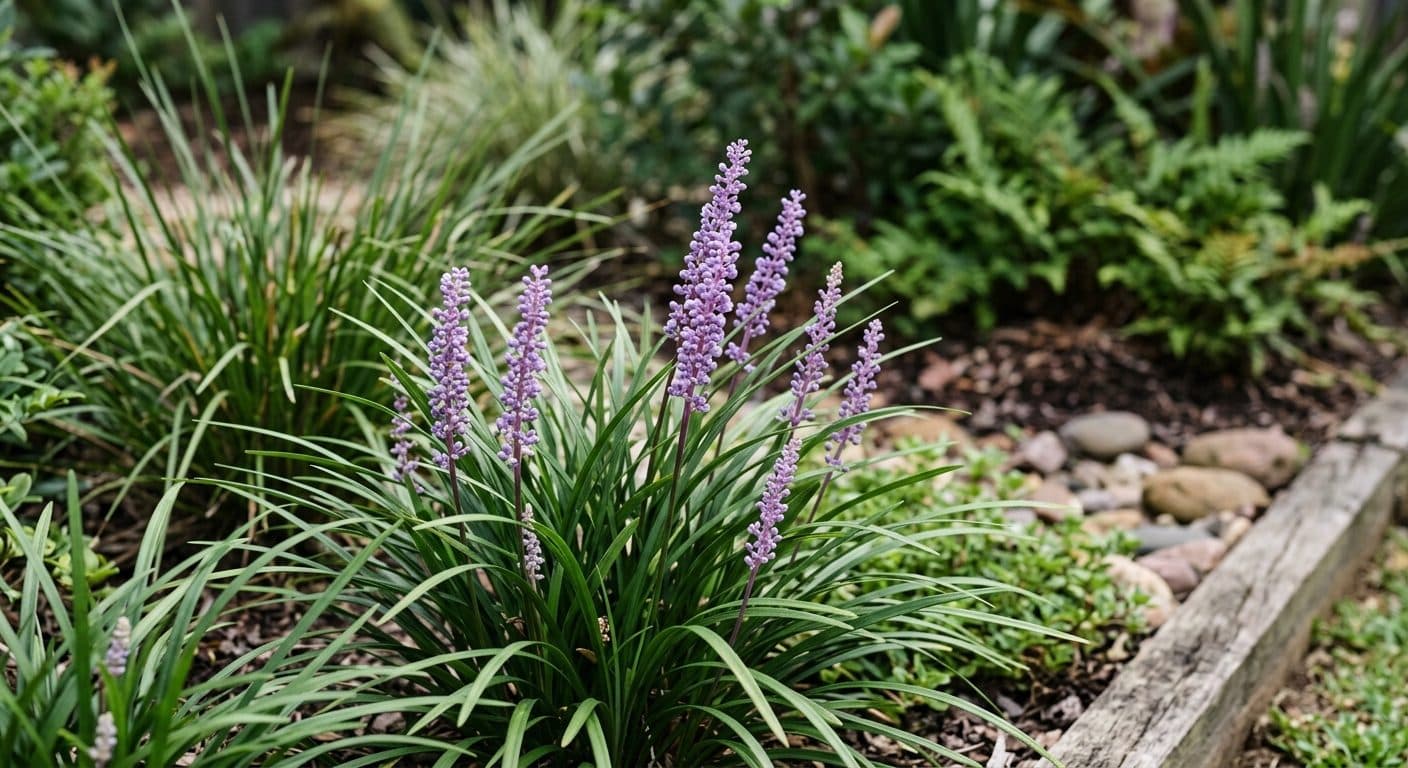 Strappy green liriope clumps edging a border with upright purple flower spikes in a Brisbane garden detail