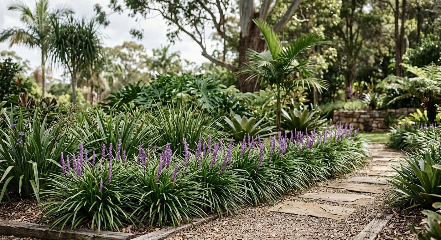 Strappy green liriope clumps edging a border with upright purple flower spikes in a Brisbane garden