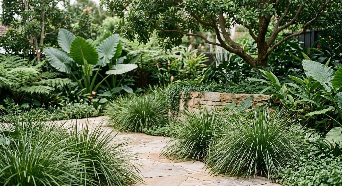 Fine-leaved weeping green Lomandra Tanika tussock massed in a low-maintenance Brisbane garden bed in a Brisbane garden setting