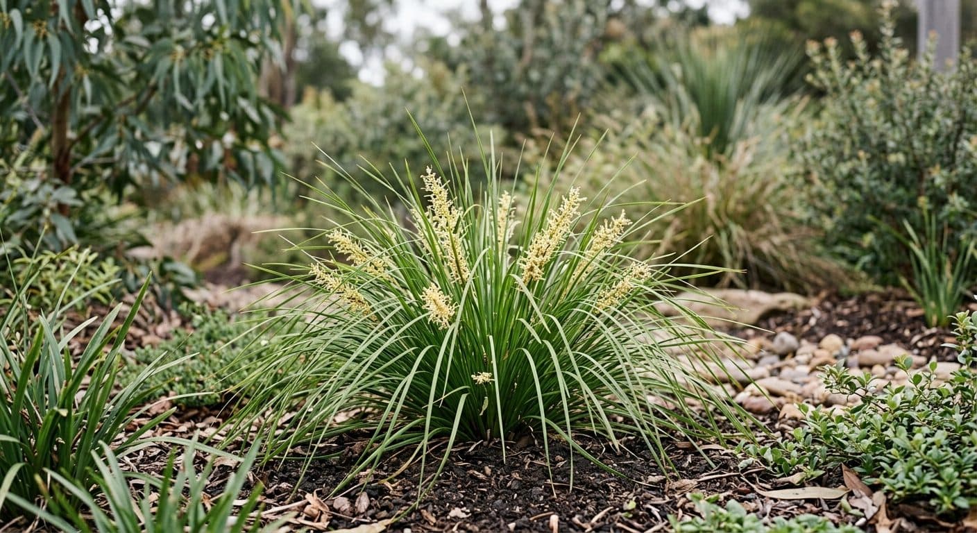 Fine-leaved weeping green Lomandra Tanika tussock massed in a low-maintenance Brisbane garden bed detail