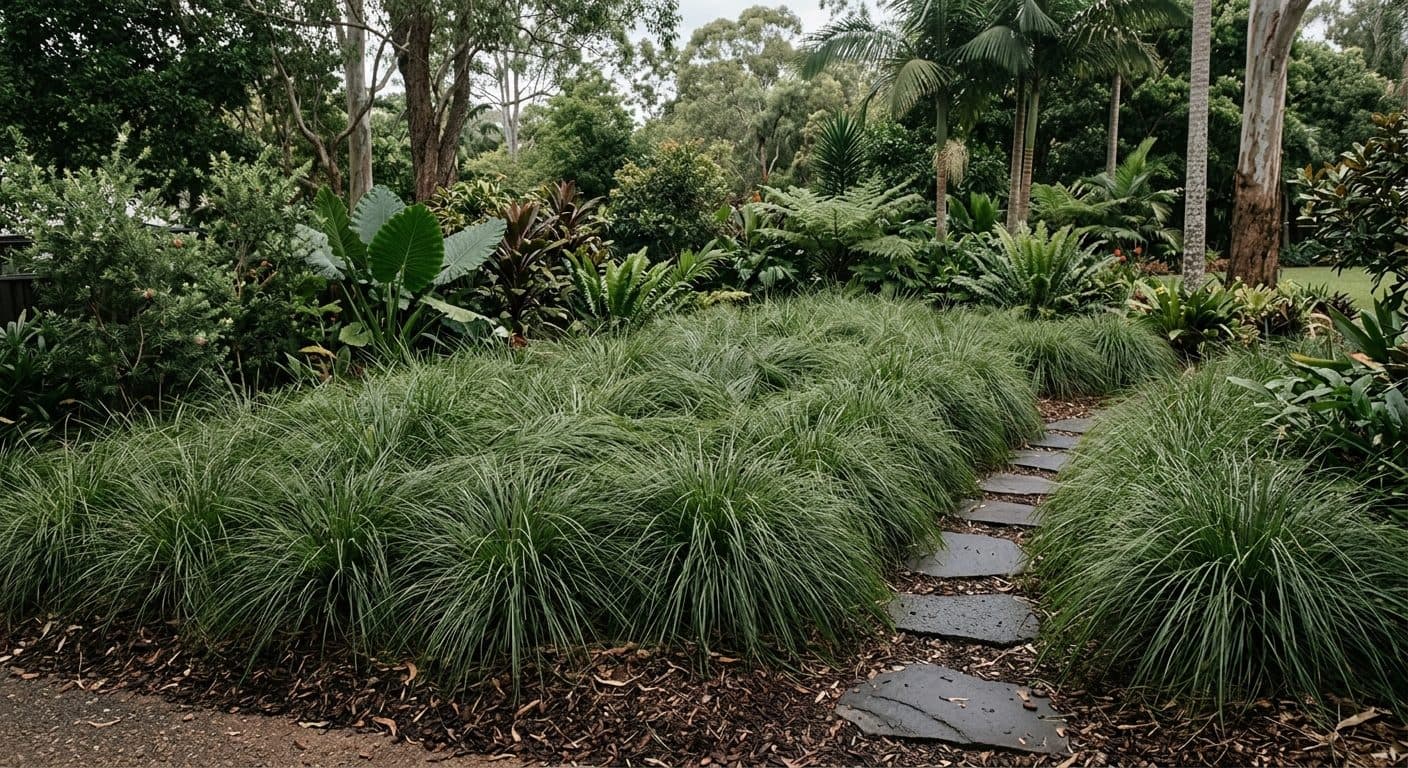 Fine-leaved weeping green Lomandra Tanika tussock massed in a low-maintenance Brisbane garden bed