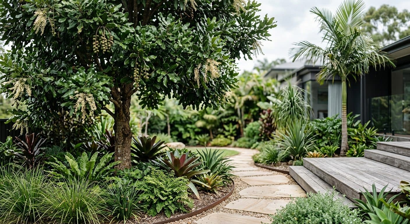 Macadamia tree with glossy green leaves and clusters of round nuts in a Brisbane backyard in a Brisbane garden setting