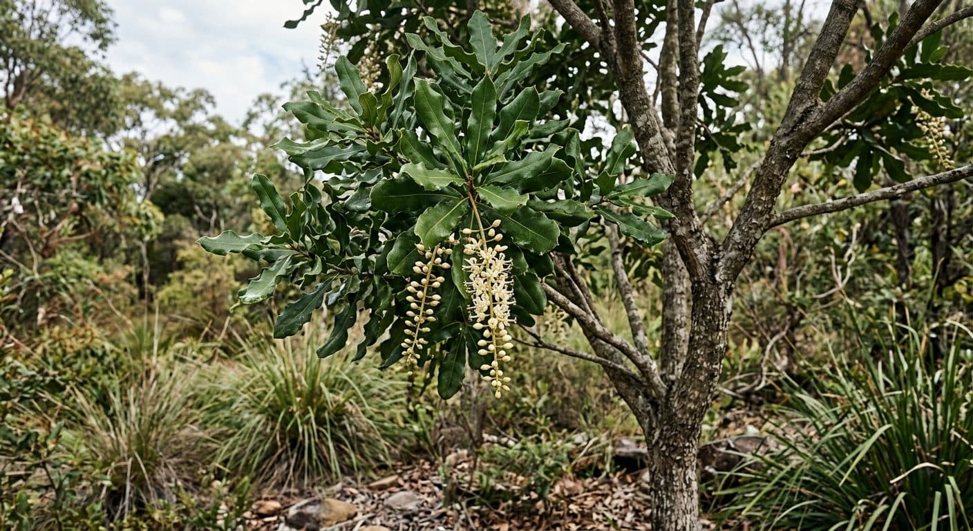 Macadamia tree with glossy green leaves and clusters of round nuts in a Brisbane backyard detail