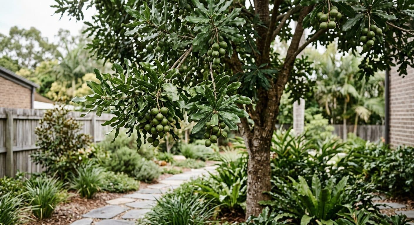 Macadamia tree with glossy green leaves and clusters of round nuts in a Brisbane backyard
