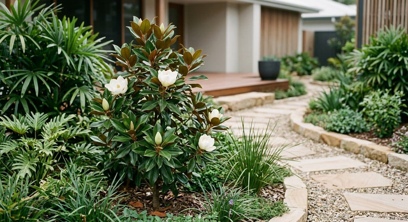 Large creamy white Little Gem magnolia flower against glossy bronze-backed leaves in a Brisbane garden in a Brisbane garden setting