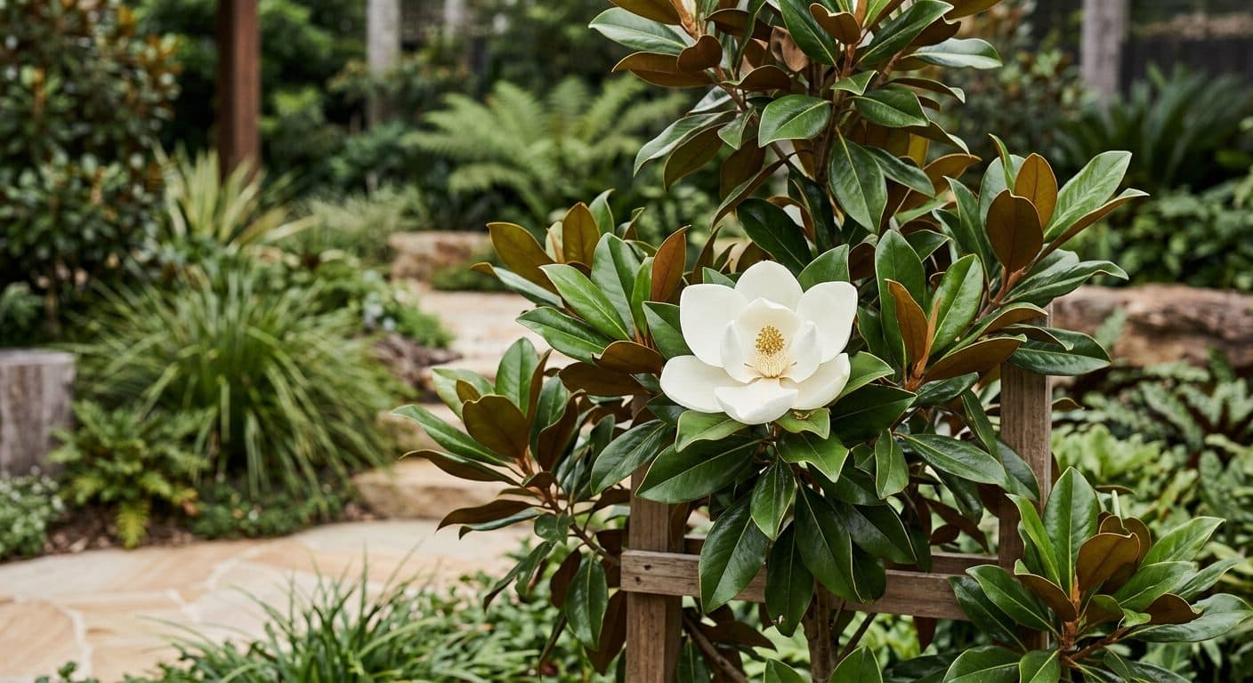 Large creamy white Little Gem magnolia flower against glossy bronze-backed leaves in a Brisbane garden detail
