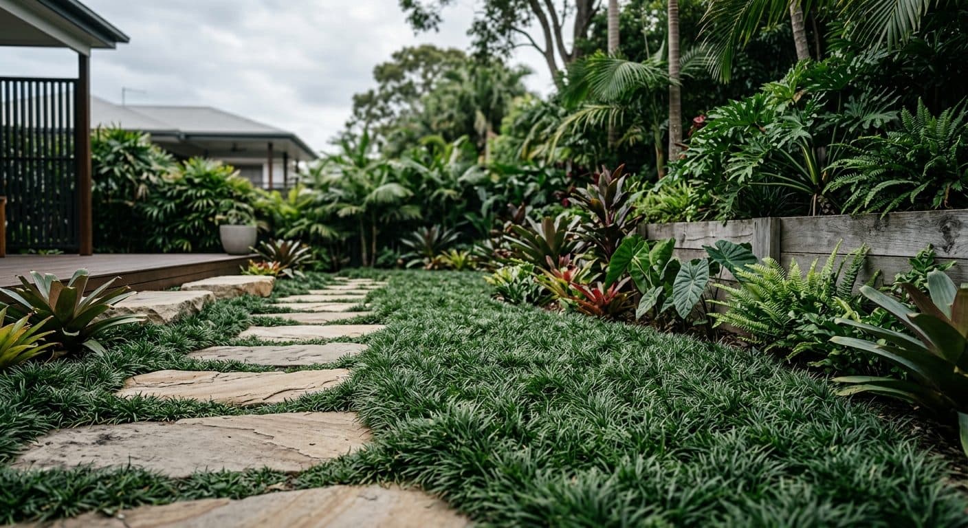 Fine dark-green mondo grass carpeting a shady spot as a soft grassy groundcover in a Brisbane garden in a Brisbane garden setting
