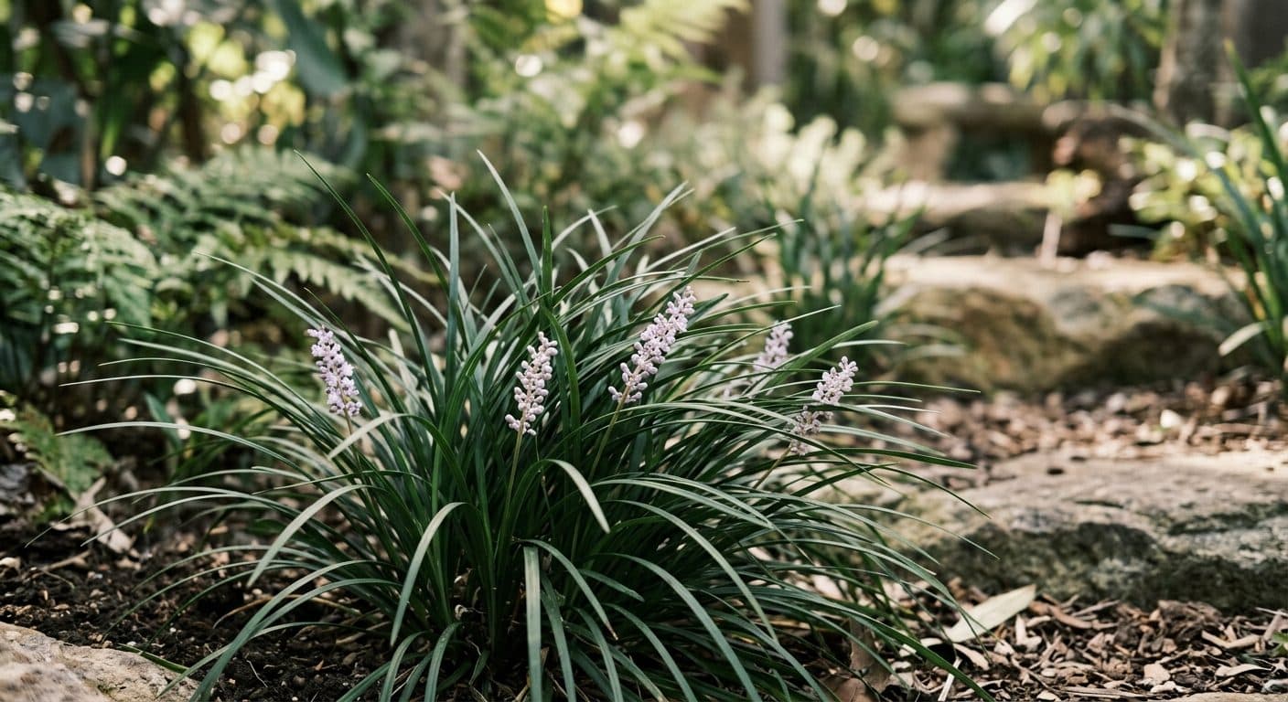 Fine dark-green mondo grass carpeting a shady spot as a soft grassy groundcover in a Brisbane garden detail