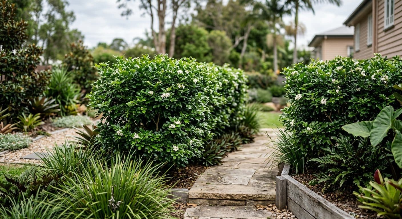 Glossy green murraya hedge flushed with scented white flowers in a Brisbane garden after summer rain in a Brisbane garden setting
