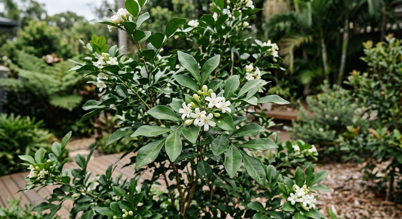 Glossy green murraya hedge flushed with scented white flowers in a Brisbane garden after summer rain detail
