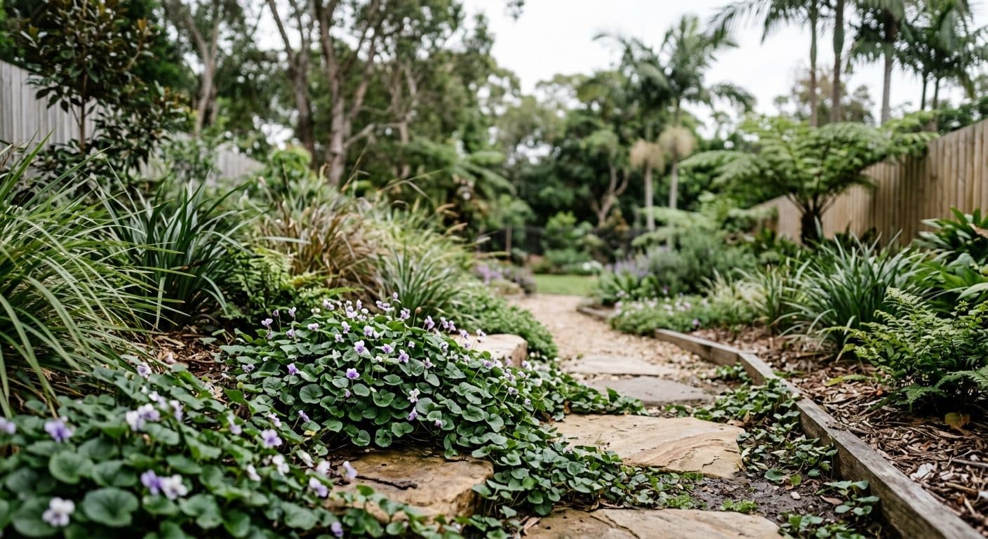 Small purple and white native violet flowers over a soft green groundcover in a shady Brisbane garden in a Brisbane garden setting