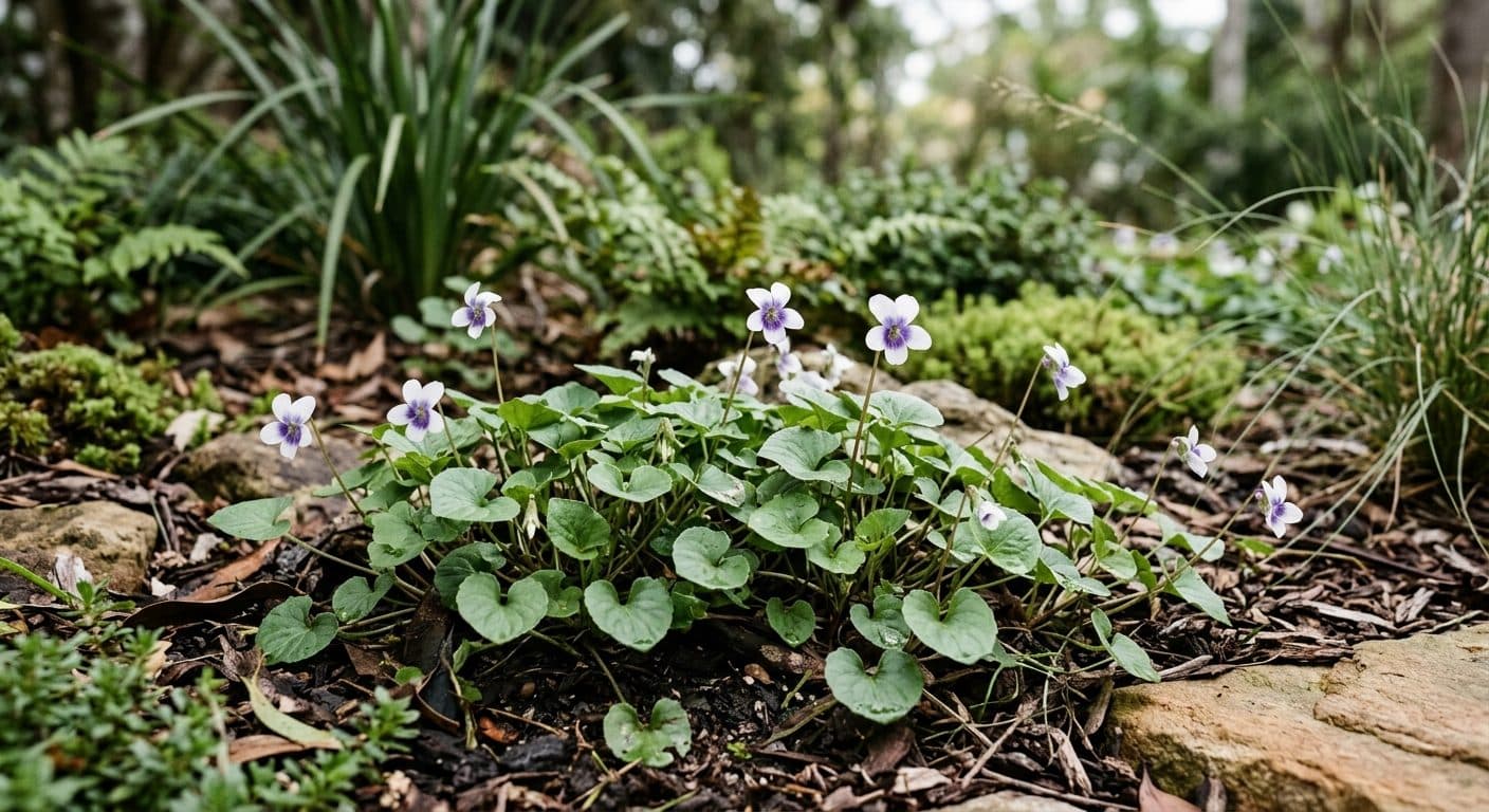 Small purple and white native violet flowers over a soft green groundcover in a shady Brisbane garden detail