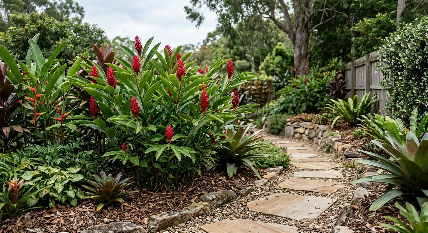 Broad-leafed ornamental ginger clump with a scented flower head filling the mid-storey of a Brisbane garden in a Brisbane garden setting