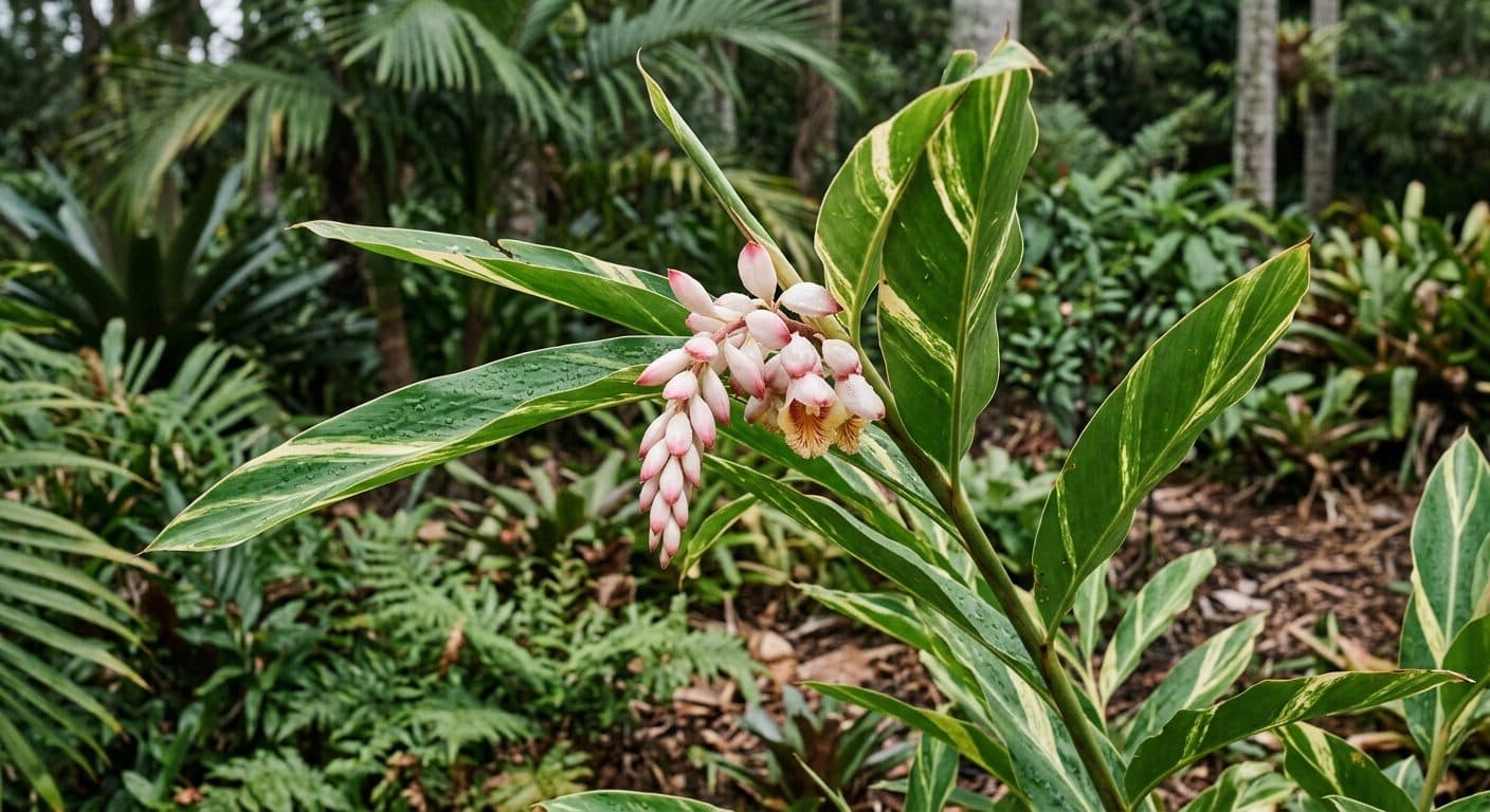 Broad-leafed ornamental ginger clump with a scented flower head filling the mid-storey of a Brisbane garden detail