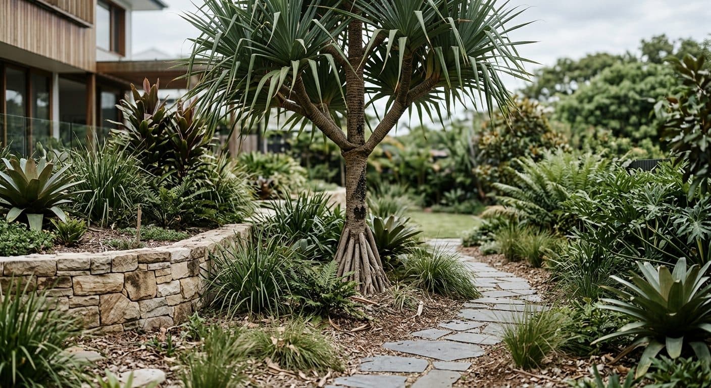 Pandanus screw pine with spiralling spiky foliage on exposed stilt roots in a coastal Brisbane garden in a Brisbane garden setting