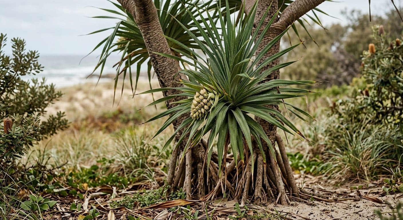 Pandanus screw pine with spiralling spiky foliage on exposed stilt roots in a coastal Brisbane garden detail