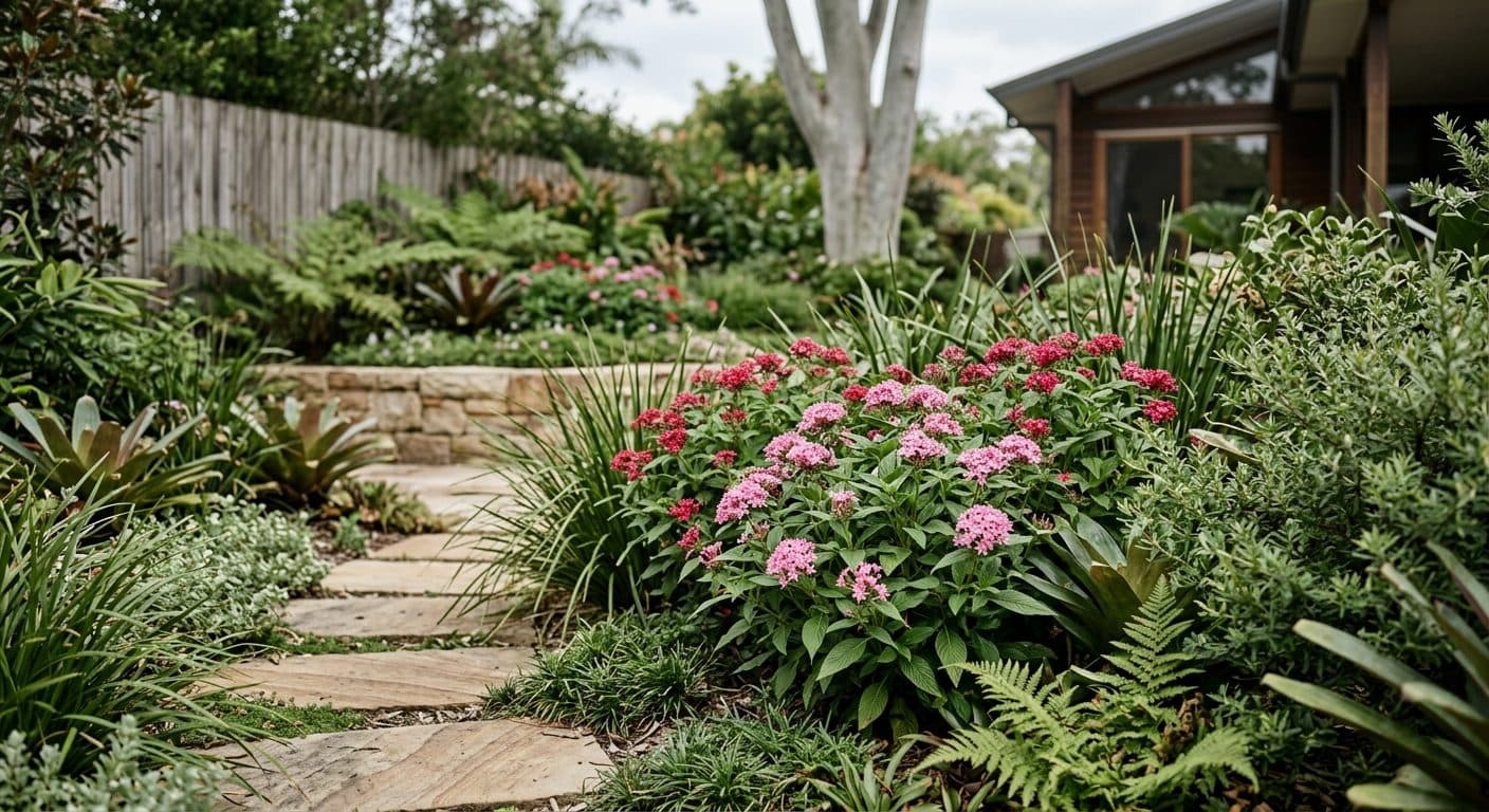 Domed clusters of tiny star-shaped pentas flowers drawing butterflies in a warm Brisbane garden in a Brisbane garden setting