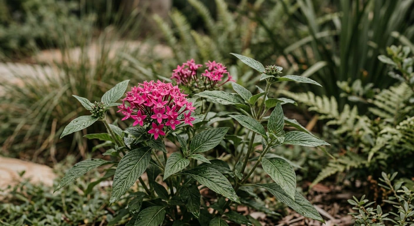 Domed clusters of tiny star-shaped pentas flowers drawing butterflies in a warm Brisbane garden detail