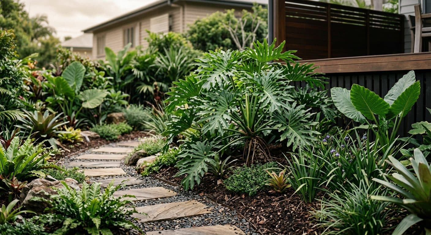 Bold glossy deeply lobed philodendron leaves filling a shaded bed in a lush Brisbane garden in a Brisbane garden setting