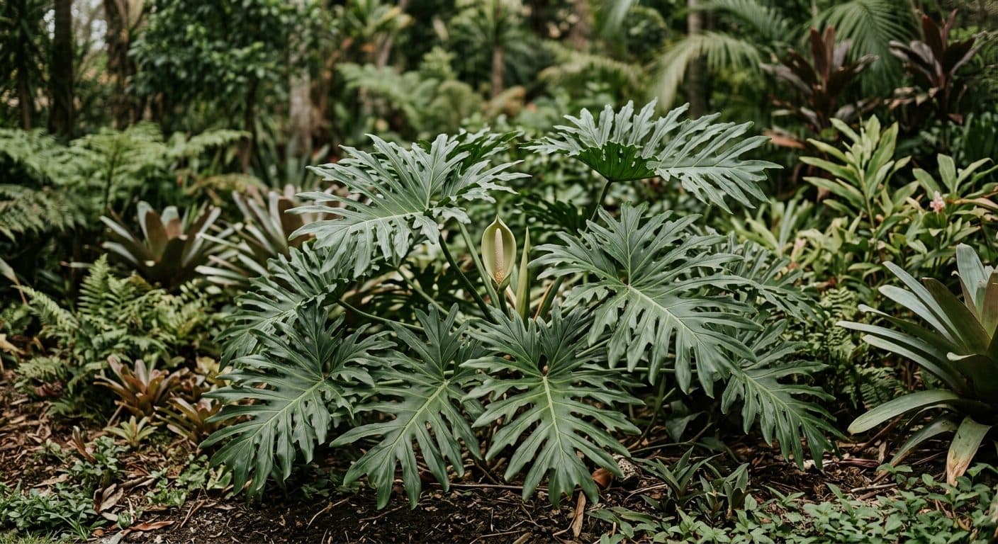 Bold glossy deeply lobed philodendron leaves filling a shaded bed in a lush Brisbane garden detail