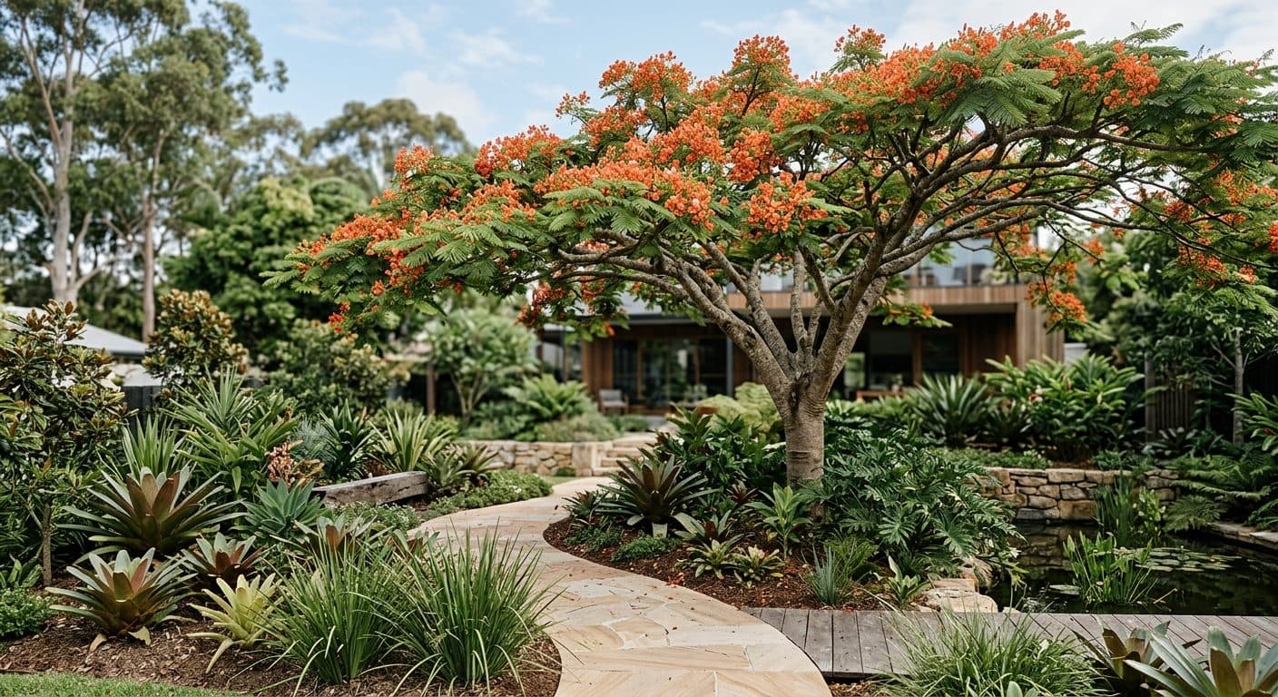 Broad poinciana canopy ablaze with scarlet-orange summer flowers and ferny leaves over a Brisbane garden in a Brisbane garden setting