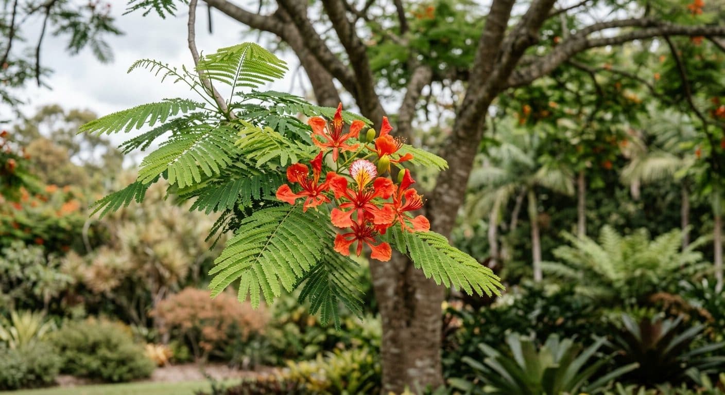 Broad poinciana canopy ablaze with scarlet-orange summer flowers and ferny leaves over a Brisbane garden detail