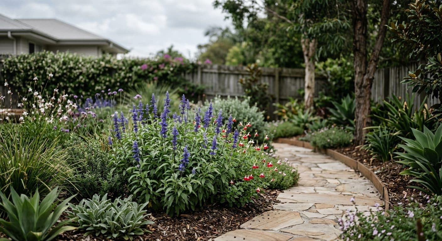Upright spires of salvia flowers above aromatic foliage humming with bees in a Brisbane garden in a Brisbane garden setting