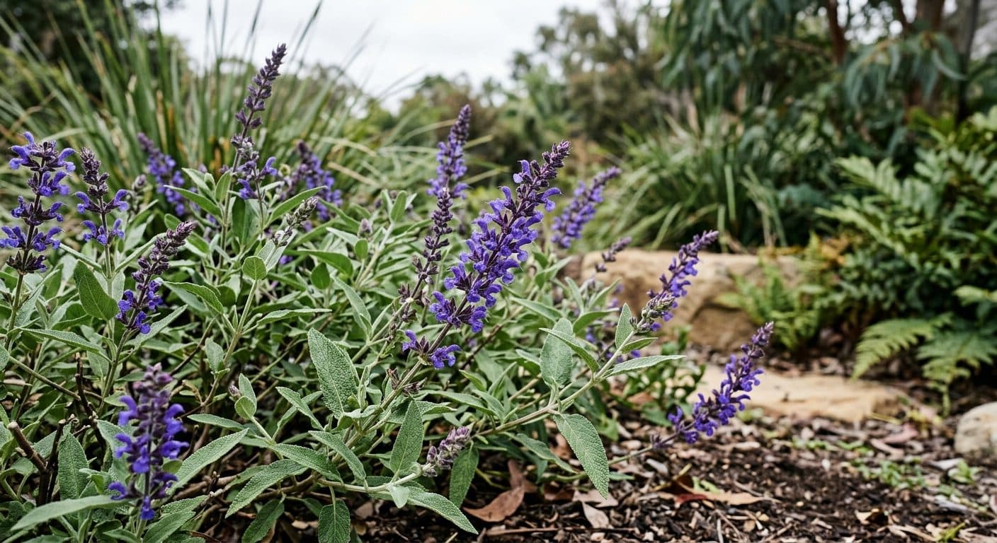 Upright spires of salvia flowers above aromatic foliage humming with bees in a Brisbane garden detail