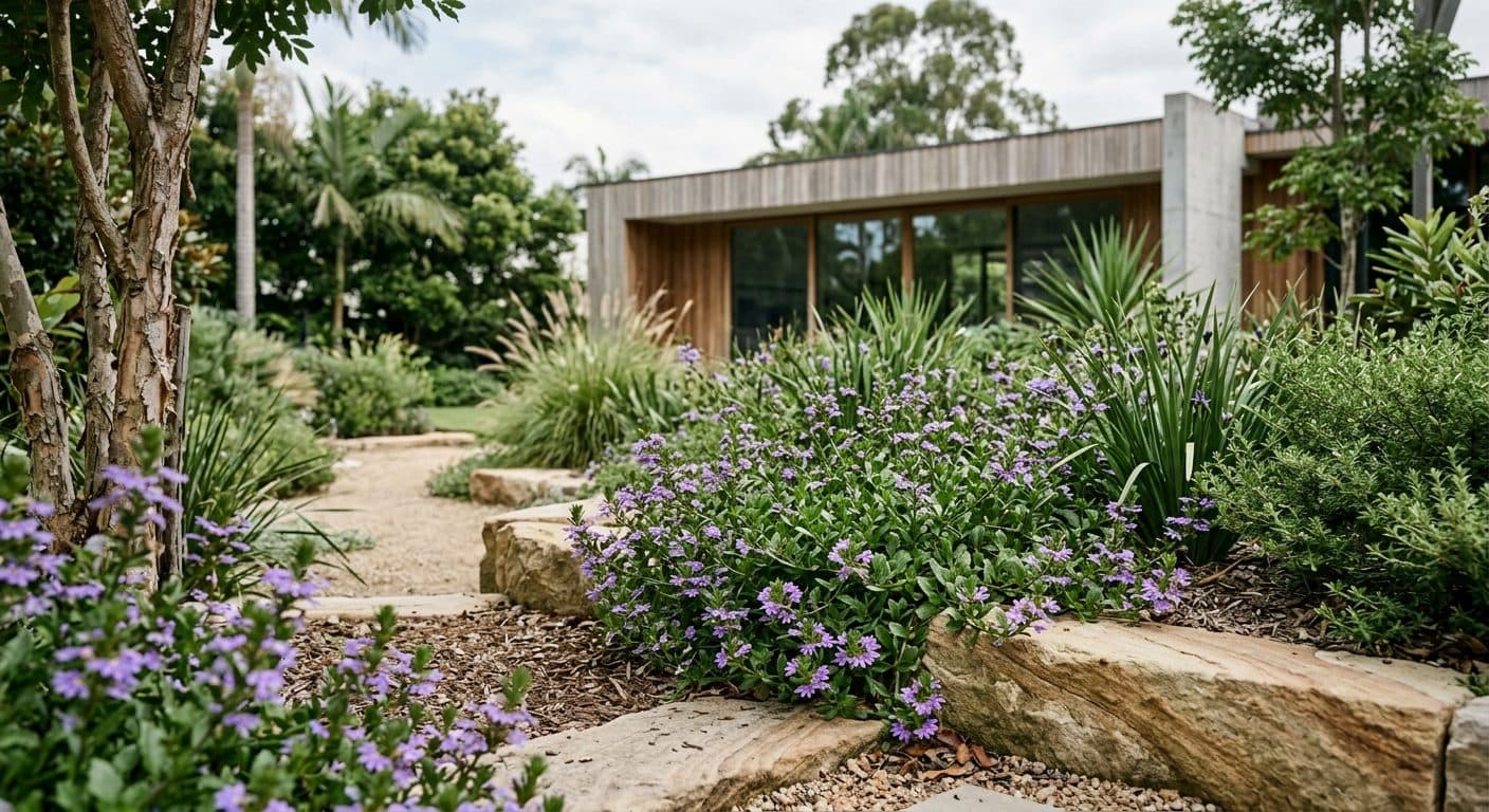 Fan-shaped mauve-blue scaevola flowers spilling over a wall on trailing foliage in a Brisbane garden in a Brisbane garden setting