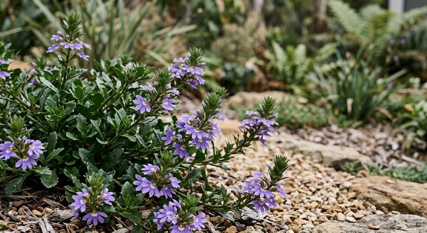 Fan-shaped mauve-blue scaevola flowers spilling over a wall on trailing foliage in a Brisbane garden detail